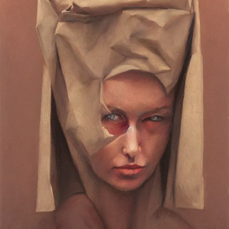 Image similar to woman portrait with a paper bag over the head, highly detailed, artstation, art by zdislav beksinski, wayne barlowe, edward hopper