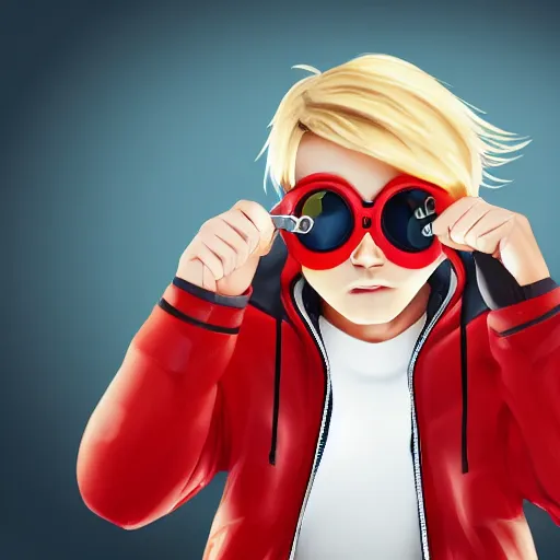 Image similar to a blonde teenager, goggles, red jacket, knife in his mouth, knife in his right hand and a knife in his left hand, photorealistic, hd, high details