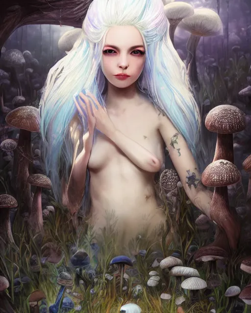 Image similar to girl with white hair and mushroom dress, fantasy swamp, bizarre, illustration, scifi, radiant, beautiful, atmosphere, harmony, top lighting, blue eyes, focused, perfect composition, artstation, highly detailed, art by yuhong ding and chengwei pan and serafleur and ina wong