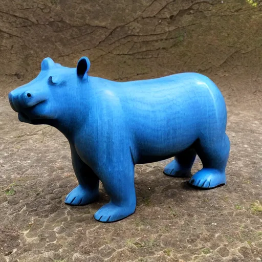 Image similar to wood block small hippo statue, wood blocks bottom hippo body, blue chrome top hippo body, by a genius craftsman, highly detailed