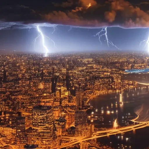 Image similar to hyperrealistic thunderstorm over a glowing city at night, 4 k realistic detailed, 8 k