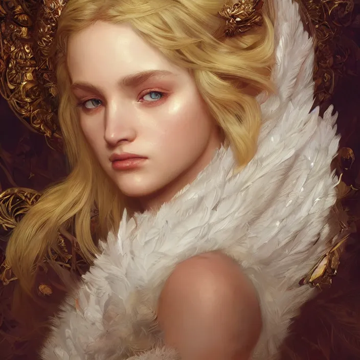 Prompt: portrait painting of a beautiful blonde woman with a kind face wearing a feathered cloak and a fancy silk white dress anime, ultra realistic, concept art, intricate details, highly detailed, photorealistic, octane render, 8 k, unreal engine art by artgerm greg rutkowski charlie bowater magali villeneuve alphonse mucha