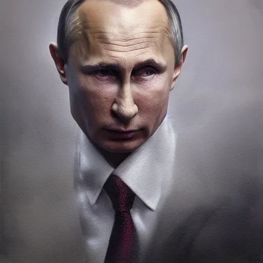 Image similar to hyperrealistic mixed media high resolution painting of a Vladimir Putin, stunning 3d render inspired art by István Sándorfi and Greg Rutkowski, perfect symmetry, dim volumetric lighting, 8k octane beautifully detailed render, post-processing, extremely hyper-detailed, intricate, epic composition, highly detailed attributes, highly detailed atmosphere, cinematic lighting, masterpiece, trending on artstation, very very detailed, masterpiece, stunning, flawless structure, lifelike texture, perfection,