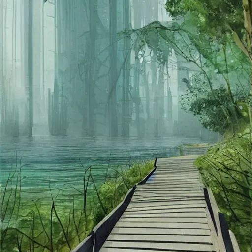 Prompt: Wooden footpath next to water in beautiful overgrown futuristic sci-fi city in harmony with nature. Nice colour scheme, soft warm colour. Beautiful detailed watercolor by Lurid. (2022)