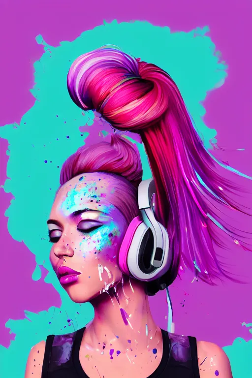 Image similar to a award winning half body portrait of a beautiful woman in a croptop and cargo pants with ombre purple pink teal hairstyle with head in motion and hair flying listenin to music on headphones by wlop, paint splashes and splatter, outrun, vaporware, shaded flat illustration, digital art, trending on artstation, highly detailed, fine detail, intricate