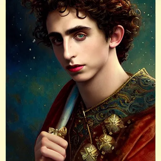 Image similar to portrait of timothee chalamet as a magical genie, art by tom bagshaw and manuel sanjulian and franz xaver kosler