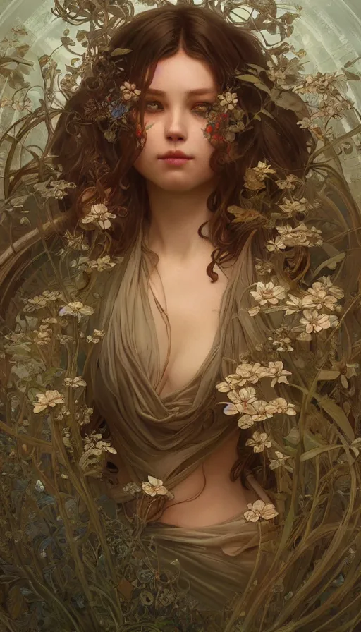 Image similar to fairytale, fibonacci, sweat drops, insane, intricate, highly detailed, digital painting, artstation, concept art, smooth, sharp focus, illustration, Unreal Engine 5, 8K, art by artgerm and greg rutkowski and alphonse mucha