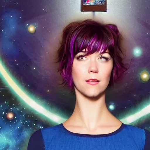 Image similar to mary elizabeth winstead ramona flowers entering a door to a cosmic dimension
