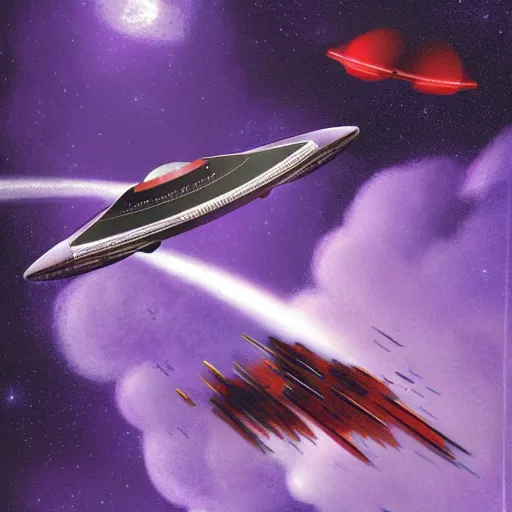 Prompt: spaceship flying through purple thunderstorm, science fiction pulp illustration