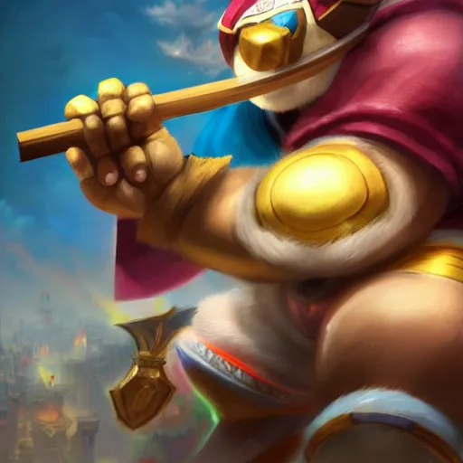 Image similar to king dedede holding his hammer fighting kirby. league of legends character art. digital illustration. hyper realistic. high quality. high resolution. 4 k. dynamic lighting. highly detailed. trending on artstation. ruan jia, wlop. scifi, fantasy, magic the gathering, hyper detailed, octane render, concept art, peter mohrbacher, artgerm.