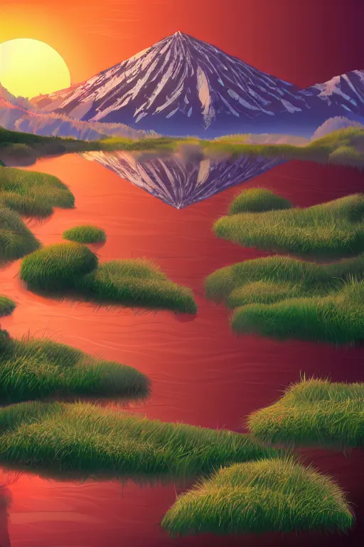 Prompt: sunrise mountain water vector illustration digital art by samuel smith trending on artstation