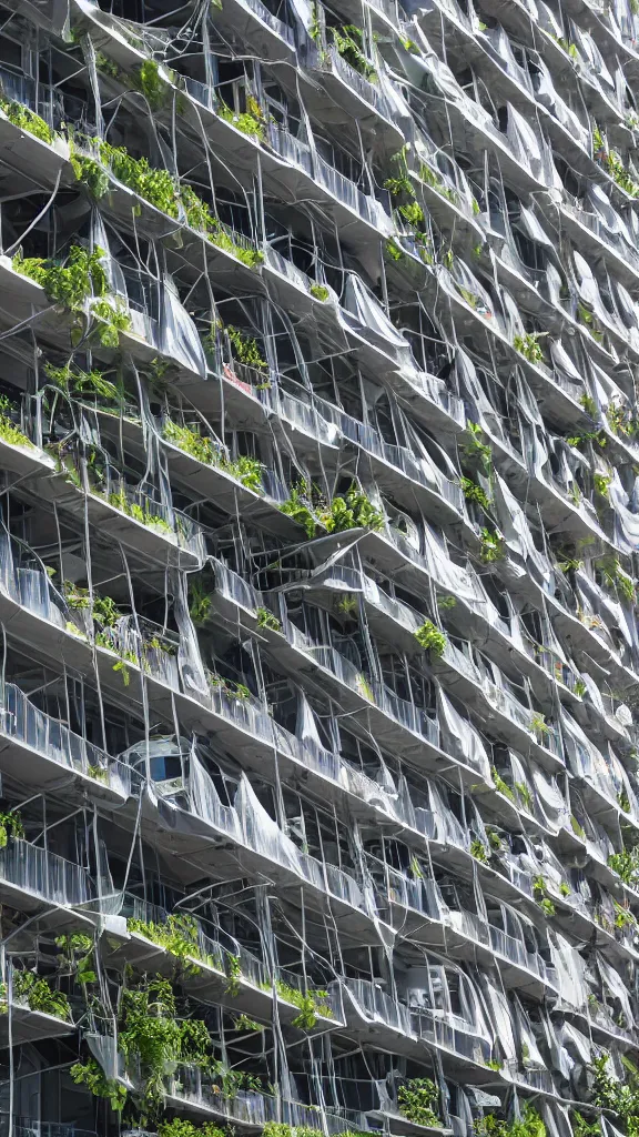 Prompt: hyperrealistic photo of a futuristic timber building in a urban setting. the building has many balconies with hanging plants. parts of the building are wrapped in billowing fabric tarps. the fabric tarps are translucent mesh with large holes for balconies and windows. the fabric hangs from metal scaffolding. 8 k