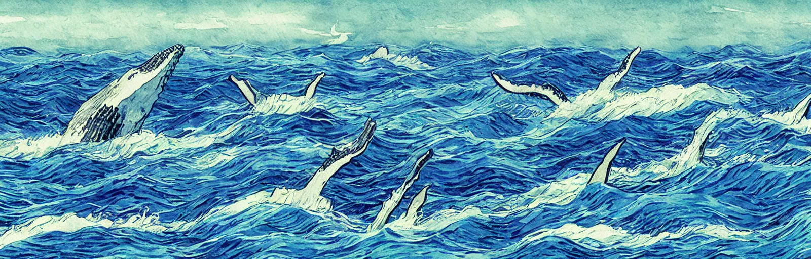 Prompt: whales in the ocean, aesthetically pleasing composition, watercolor painting by hayao miyazaki and vincent van gogh and national geographic, masterful, sharp focus, rich texture, rich vivid color, dynamic, energetic, lively, perspective, elegant design, high detail, hdr.