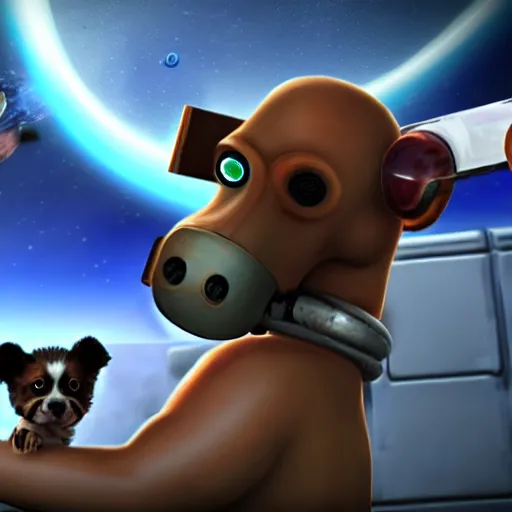 Image similar to t 8 0 0 terminator eating sandwich, hugging a cute puppy while surfing on a saxophone over rings of saturn in space, team fortress 2 sцcreenshot