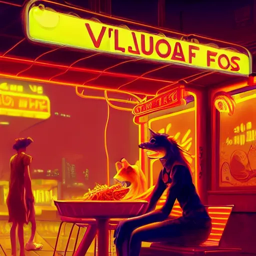 Prompt: splash art of anthropomorphic female vulpes vulpes fulva woman sitting at a noodle stand eating noodles in the crowded street of a cyberpunk city, rain, harsh neon lights, atmospheric : by weta, greg rutkowski, wlop, ilya kuvshinov, rossdraws, artgerm, octane render, liosh, mucha