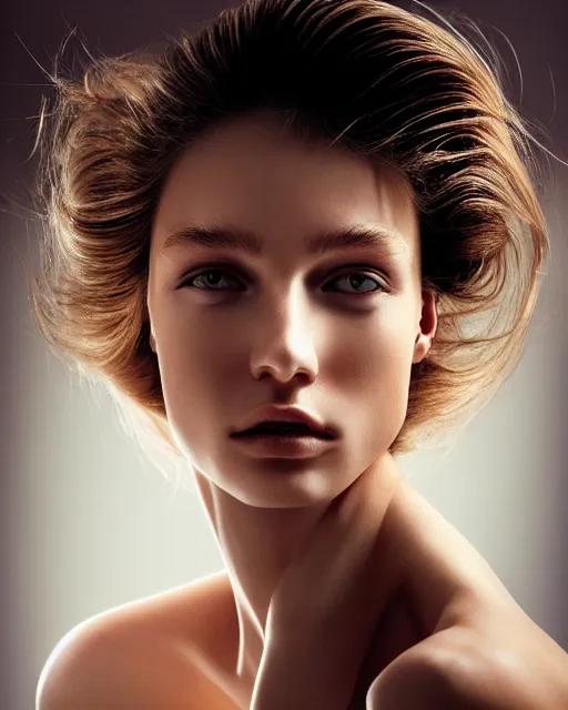 Image similar to photo half body portrait of very beautiful woman, face, realism, extreme detail, real life, key art, soft light, volumetric light, 3 - d shadows, photo by mario testino and patrick demarchelier, photoshoot