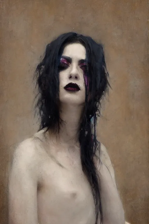 Image similar to Richard Schmid and Jeremy Lipking and Antonio Rotta full length portrait painting of a young beautiful goth punk rock priestess woman