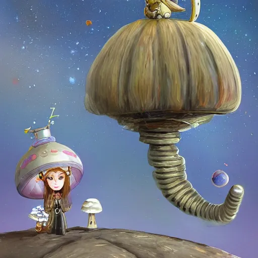 Image similar to On the morning of the robot queen's coronation, The Mekanik Doll, an elderly mushroom walking their pet snail, Mount Fuji seen from the International Space Station, the theme of Alice in Wonderland, digital painting, its softness partakes of fluidity, illustration, deep dark, artstation, intricate, beautiful and thematically complex, ue5, by deiv calviz and bossmonsterbani