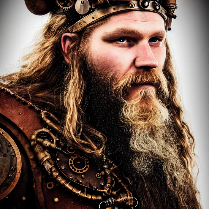 Prompt: portrait photograph of a real-life steampunk viking, Extremely detailed. 8k