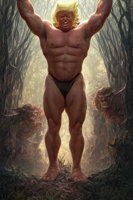 Prompt: portrait of donald trump as a hulking herculean demon, forest, godlike, full body, fantasy, intricate, elegant, highly detailed, digital painting, artstation, concept art, sharp focus, illustration, art by artgerm and greg rutkowski and alphonse mucha