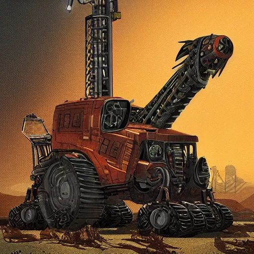 Image similar to giant scary quadrupedal mining machine with drill, four legs, highly detailed body, retro, industrial, dark, dystopian, apocalyptic, in the style of simon stalenhag