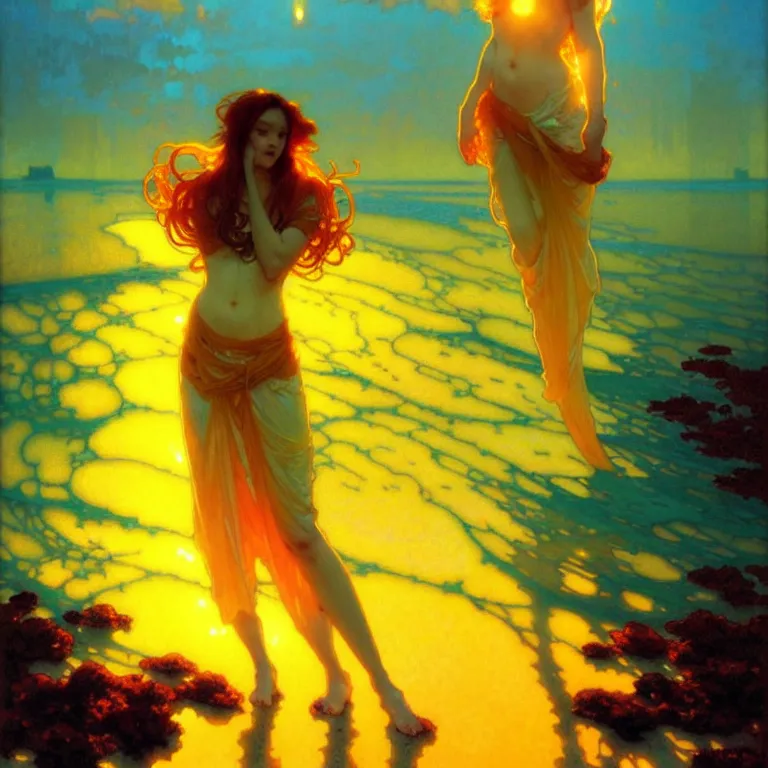 Image similar to sea of glossy liquid honey drops flowing like translucent amber, backlit, sunset, refracted lighting, art by collier, albert aublet, krenz cushart, artem demura, alphonse mucha