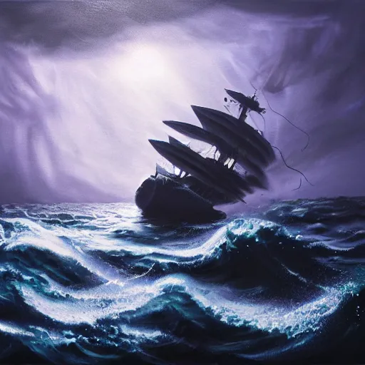 Prompt: terrifying kraken dragging a whaling ship beneath the waves | ominous storm with lightning flashing on the horizon | vivid acrylic painting trending on Artstation backlit by volumetric lighting