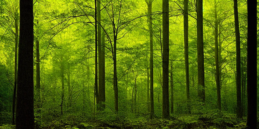 Image similar to lush american broadleaf deciduous forest, against light, glare, bright details, contrasting, daylight, highly detailed, by dieter rams 1 9 9 0, national geographic magazine, reportage photo, natural colors