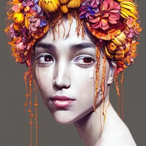 Prompt: the portrait of an absurdly beautiful, graceful, elegant young woman made of bananas and petals, an ultrafine detailed illustration by kim jung gi, irakli nadar, intricate linework, bright colors, final fantasy, angular, unreal engine 5 highly rendered, global illumination, radiant light, detailed and intricate environment