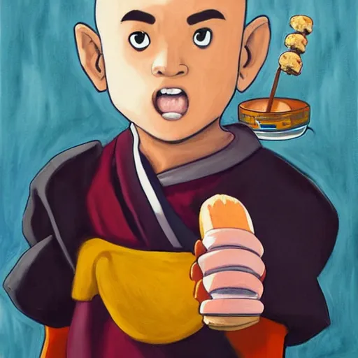 Image similar to a painting portrait of last airbender in an arsenal jersey eating a hot dog,