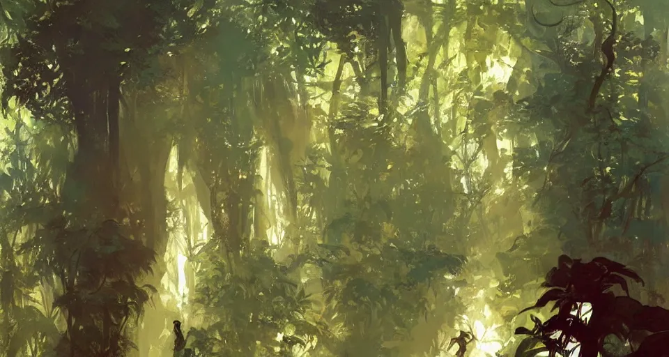 Image similar to beautiful jungle, dappled light, intricate, elegant, highly detailed, greg manchess, mucha, liepke, ruan jia, jeffrey catherine jones, ridley scott