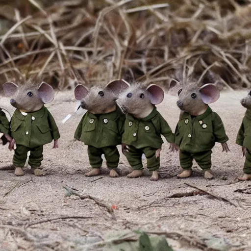 Image similar to group of mice wearing military outfits and going to war, dramatic