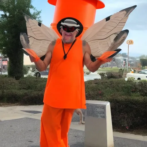 Prompt: ripped physique winged man Norm MacDonald disguised as a mothra whilst wearing a traffic cone hat tradd moore