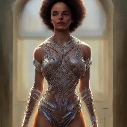 Image similar to full figure ultra realistic illustration, madeleine mantock as marvel enchantress, intricate, elegant, highly detailed, digital painting, artstation, concept art, smooth, sharp focus, illustration, art by artgerm and greg rutkowski and alphonse mucha