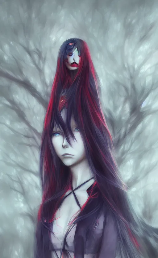 Image similar to ''female anime character, blue long hair, red eyes, creepy eyes, creepy art, dark, character concept, digital painting, concept, 4 k''