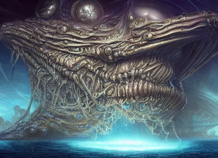 Prompt: an aquatic alien city in the ocean depths of another planet, cosmic horror painting, elegant intricate digital painting artstation concept art by mark brooks and brad kunkle and, extreme detailed