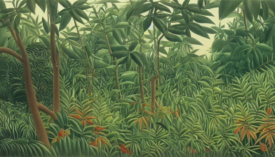 Image similar to wide view of the ocean through the leaves of a lush forest, soothingly beautiful, by henri rousseau