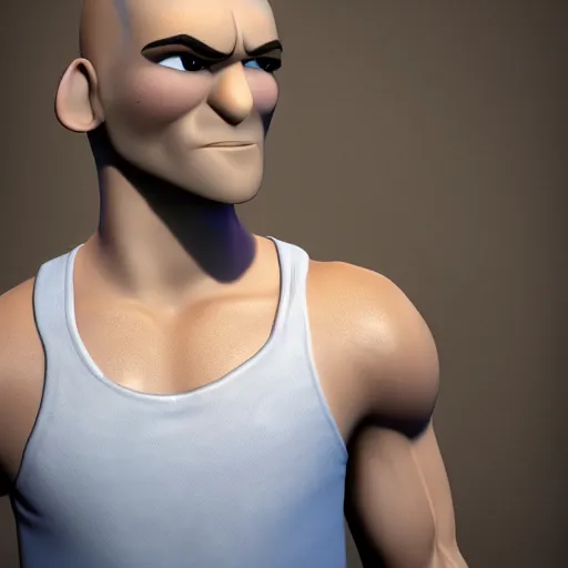 Image similar to handsome thin athletic white man with short buzzed widows peak hair, eyes are blue, facial stubble, wearing tank top, posing outside, depicted as a Pixar character, high quality cg render, 4k