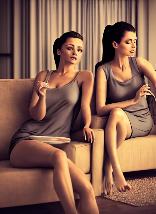 Prompt: two beautiful housewives in the living room on a hot summer evening getting bored and finding ways to entertain themselves, gorgeous faces, thick lines, cinematic lighting, detailed photorealistic digital art