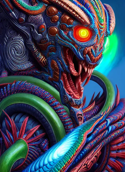 Image similar to hyper detailed ultra sharp quetzalcoatl warrior trance man. trending on artstation, warpaint aesthetic, earthwave, colorful, neon, ornate, intricate, digital painting, concept art, smooth, sharp focus, illustration, art by artgerm and greg rutkowski and h. r. giger, 8 k