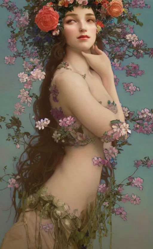 Image similar to a oil painting of a beautiful woman on a white background, flowers, painted by mucha, floral headdress, 8 k resolution, octane render, trending on artstation, volumetric light