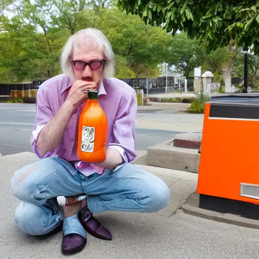 Image similar to hugh hopper on a street corner eating an orange and sipping diet pepsi