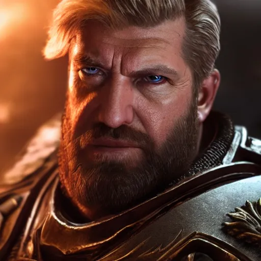 Image similar to Photo portrait of Donald Trump as King Leonidas in Gears of War, splash art, movie still, detailed face, photorealistic facial features, cinematic lighting, dramatic, octane render, long lens, shallow depth of field, bokeh, anamorphic lens flare, 8k, hyper detailed, 35mm film grain