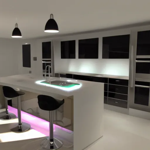 Prompt: modern kitchen with rgb led strip lighting, homes and gardens, super detailed render, award winning,