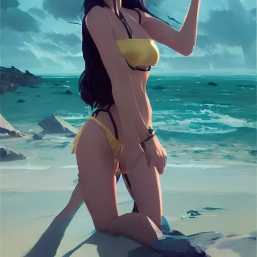 Image similar to cgsociety, by wlop, ilya kuvshinov, krenz cushart, greg rutkowski, trending on artstation. anime girl wearing latex bikini. cinematic dramatic atmosphere, sharp focus, volumetric lighting.