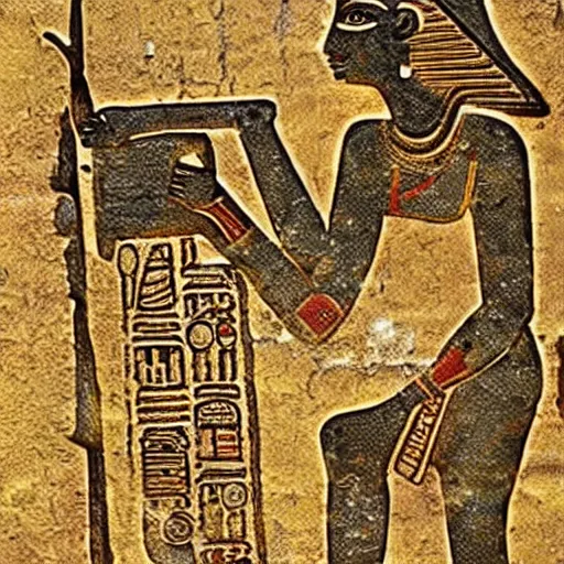 Image similar to a fragment of ancient egyptian hierographic panel Art, art of A person using a computer in art style of ancient art, fragmented, a person using a computer!!!!! Ancient Egypt art