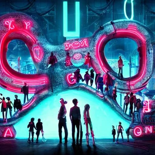 Image similar to a group of people standing around a giant bloody mickey mouse, cyberpunk art by david lachapelle, cgsociety, dystopian art by industrial light and magic, netflix neon logo concept art, neons, interior