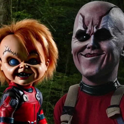 Image similar to chucky the doll and deadpool in the woods together 4 k detailed super realistic