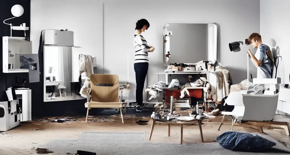 Image similar to IKEA catalogue photo of a living room, robots are tearing it apart, fire, flood, mirrors,