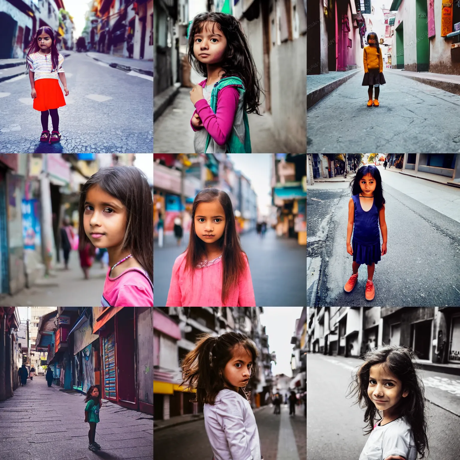 Prompt: low angle photoreal portrait of curious girl standing in city street looking at camera.